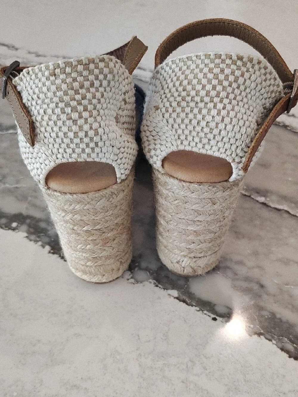 Navy Crisscross Beachy Coastal Espadrille Wedge Sandals with Tan Ankle Strap